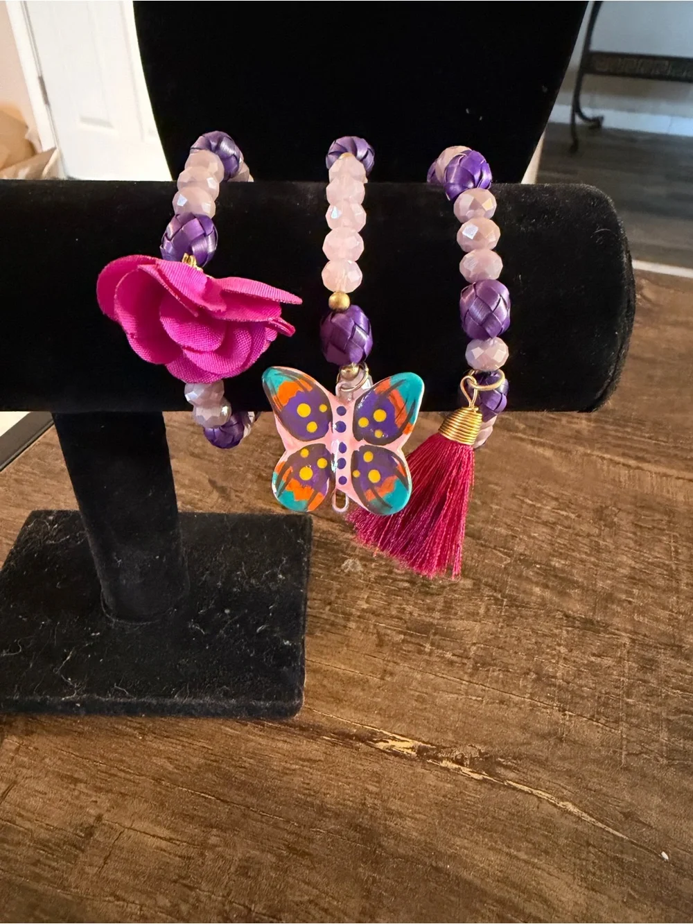 Girls Purple and Pink Butterfly Bracelet Trio with Tassel and Flower